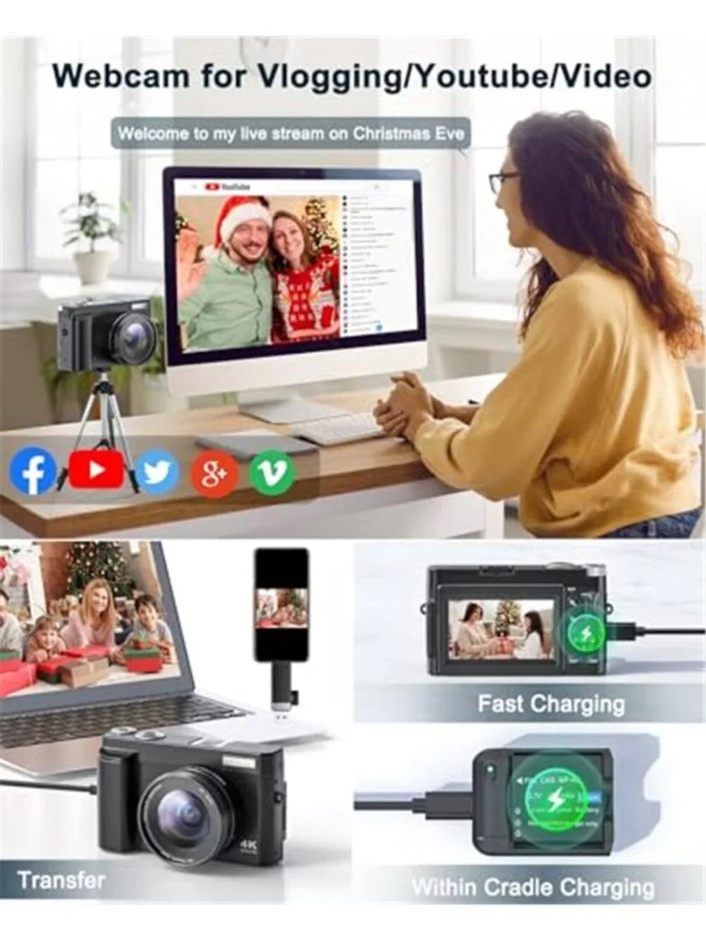 4K Digital Camera for Beginners & Teens, with Flip Screen, 32G Card